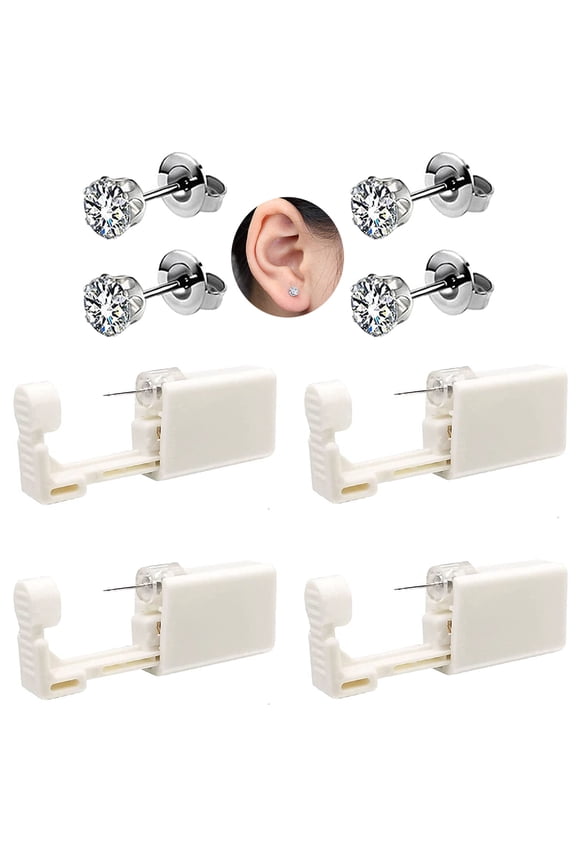 4 Pack Self Ear Piercing Gun, Disposable Self Ear Piercing Gun Kit with Earring Studs Safety Ear Piercing Gun Kit Tool (silver)
