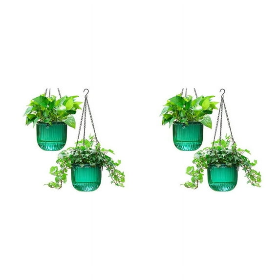 4 Pack Self Watering Indoor Hanging Flower Pots, 6.5 Inch Outdoor Hanging Plant Pot Basket (Emerald)