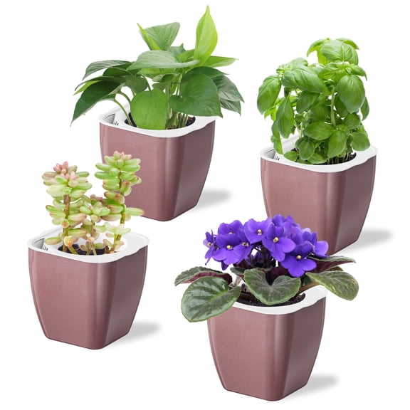4 Pack Self Watering Pots 4-inch Decorative Flower Planters for Indoor Plants Modern Square planters for Small Plants Window Sill Planters for Succulents, African Violets, Herbs(Rose Gold)