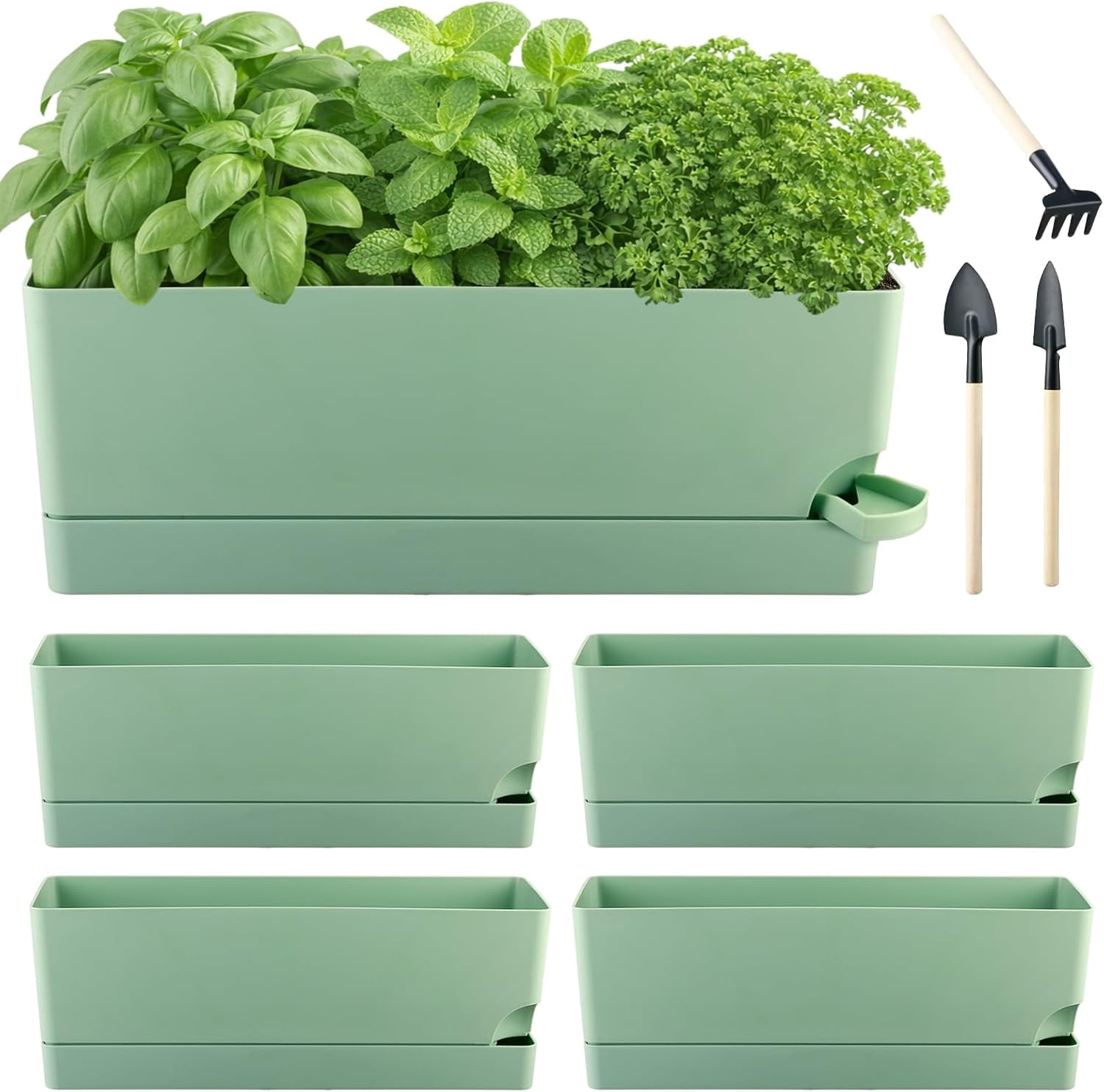 4 Pack Self Watering Pots for Indoor Plants 17 Inches Window Boxes Planters Rectangular Flower Pots Rectangle Herb Pots Large Plant Pots with Drainage Holes and Saucers Windowsill Planter, Green