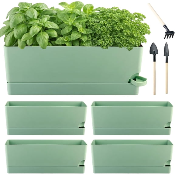 4 Pack Self Watering Pots for Indoor Plants 17 Inches Window Boxes Planters Rectangular Flower Pots Rectangle Herb Pots Large Plant Pots with Drainage Holes and Saucers Windowsill Planter, Green