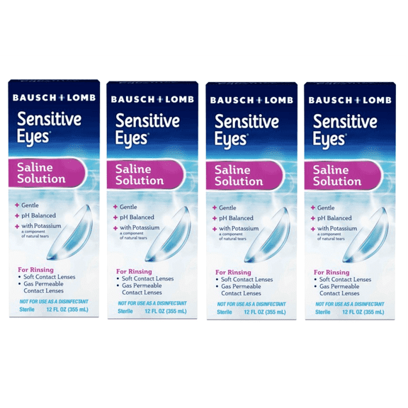 4 Pack - Sensitive Eyes Saline Solution from Bausch & Lomb, for Soft Contact & Gas Permeable Lenses, Saline Solution with Potassium, 12 Fl Oz (355 mL)