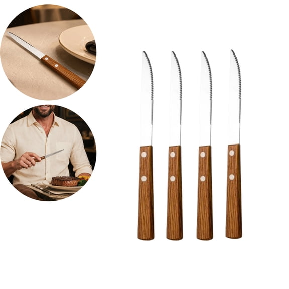 4 Pack Serrated Steak Knife Set with Natural Wood Handle, Rust Resistant Stainless Steel Western Dinner Cutlery, Durable Riveted Table Knives for Household Kitchen Restaurant Wedding Party & Holiday