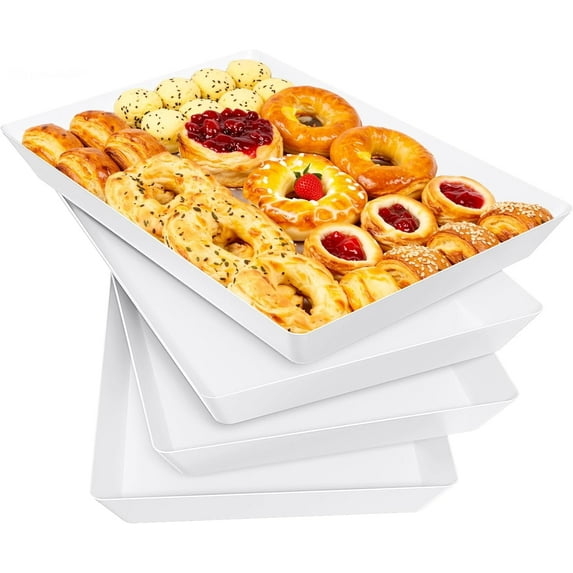 4-Pack Serving Tray, Platter for Parties, Entertaining, Camping & Food Display, Reusable Stackable Plastic Trays in Kitchen, Rectangular Platters Cookie, Appetizer(White)