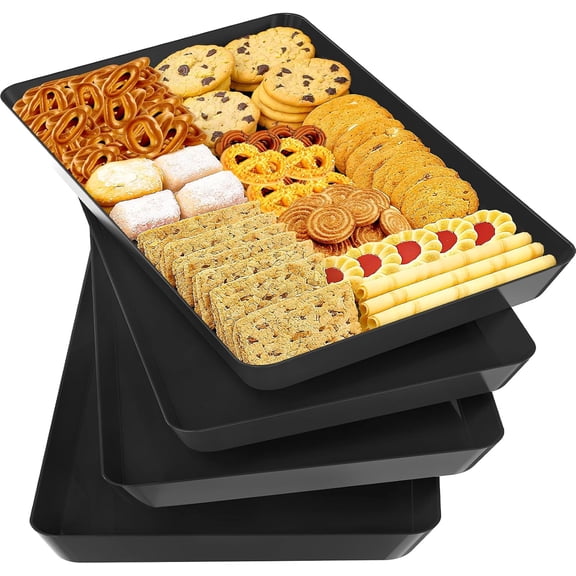 4-Pack Serving Tray Set, Reusable Plastic Serving Platter for Party Supplies, Entertaining, Grilling Accessories, Stackable Kitchen Snack Box Container for Dessert, Fruit, Cookie, (Black)