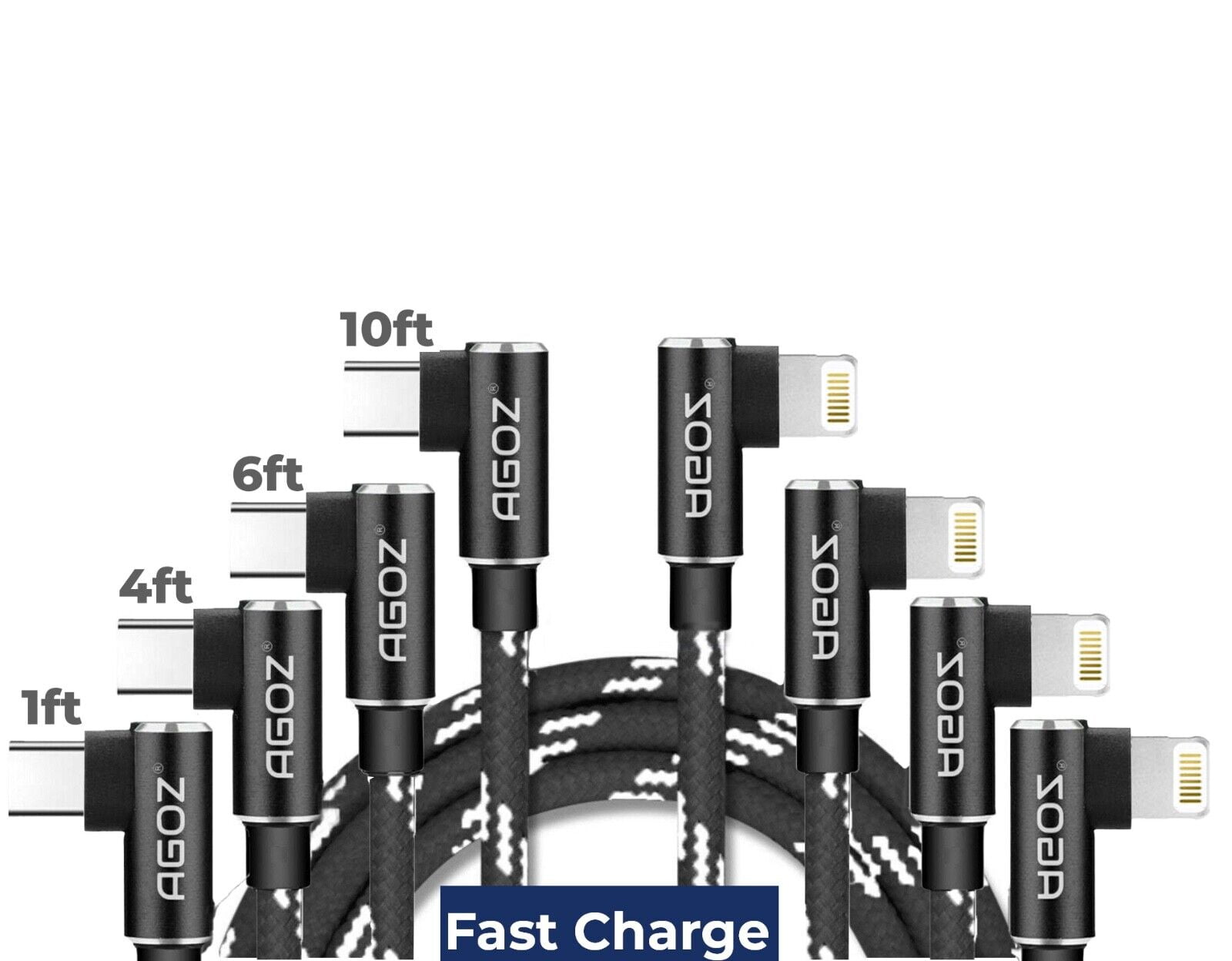 4 Pack Set 1ft/4ft/6ft/10ft AGOZ 90° Lightning to USB C Cable Right