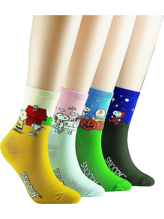 4 Pack Set, Snoopy Peanuts Pattern, Women Men Unisex Crew Socks with Gift Pouch (LWSNC012-4pack)