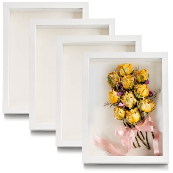 4 Pack Shadow Box Frame 8''x6'' Wood Picture Memory Display Case For Bouquets Photos Medals Wall Tabletop White