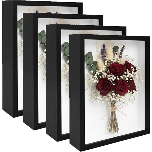 4 Pack Shadow Box Frame Display Cases, 8"x 10" Wood Deep Black Handicrafts Shadowbox Picture for Flowers Jersey Baby Wedding DressBlack