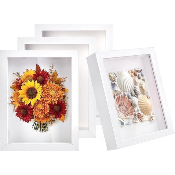 4 Pack Shadow Box Frames, 8 x 6 Inches Square Artificial Board Shadow Boxes Display Case, White 3D Picture Frames for Photos, Dried Flowers, Wall Mounted Handicraft Photo Frame