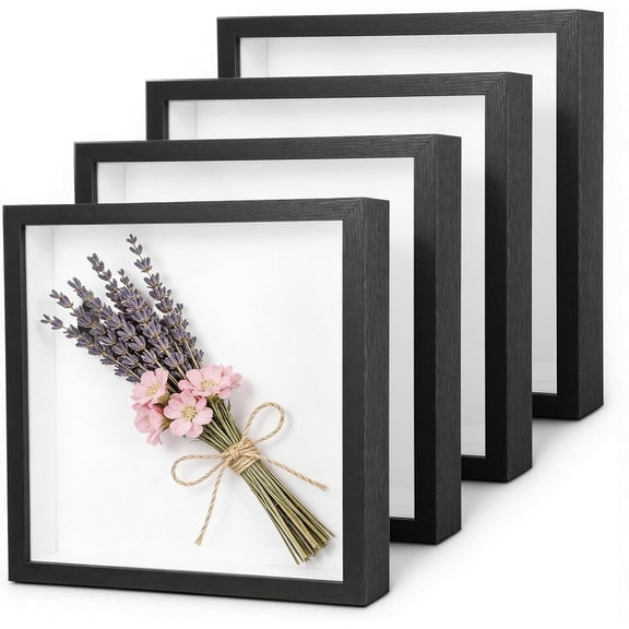 4 Pack Shadow Box Frames, 8 x 8 Inches Square Artificial Board Shadow Boxes Display Case, Black  Picture Frames for Photos, Dried , Wall Mounted Handicraft Photo Frame