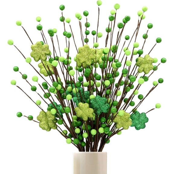 4 Pack Shamrock Berry Stems Decor, 16Inch Artificial Clover Stems for St. Patrick's Day Decorations, Festive Greenery St Patrick Berry Picks for Table Centerpieces and DIY Irish Holiday Crafts