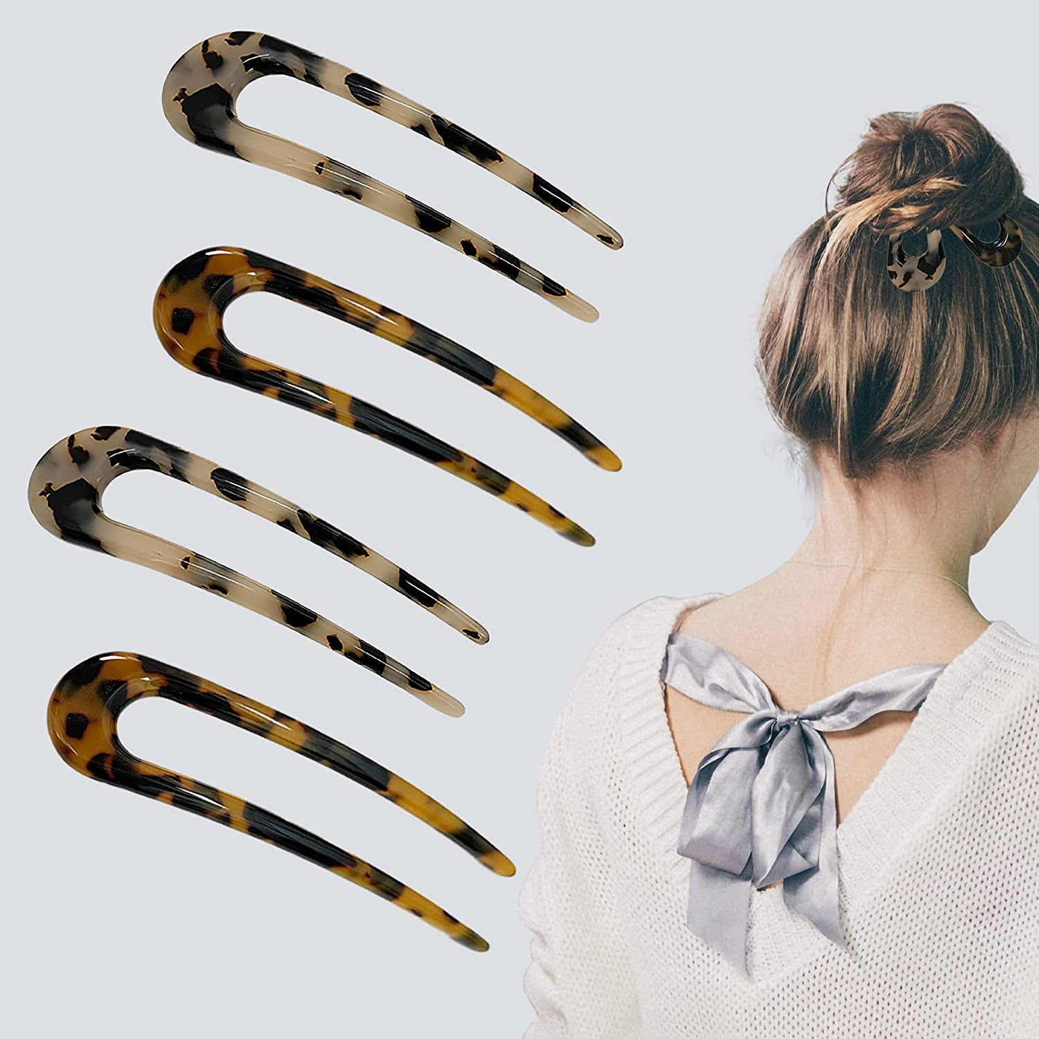 4 Pack Shaped Hair Pins for Buns, French Pin Hair Fork Sticks for Long Hair, 2 Prong Hair Stick for Women and Girls(Light&Dark Brown)