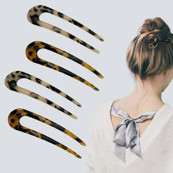 4 Pack Shaped Hair Pins for Buns, French Pin Hair Fork Sticks for Long Hair, 2 Prong Hair Stick for Women and Girls(Light&Dark Brown)