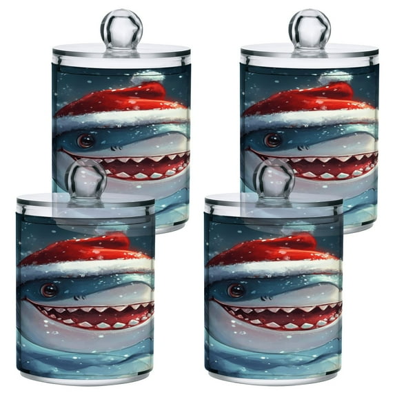 4 Pack Shark with Christmas Hat Qtip Holder Dispenser Clear Plastic Storage Apothecary Jars for Cotton Swabs Balls Pads Floss