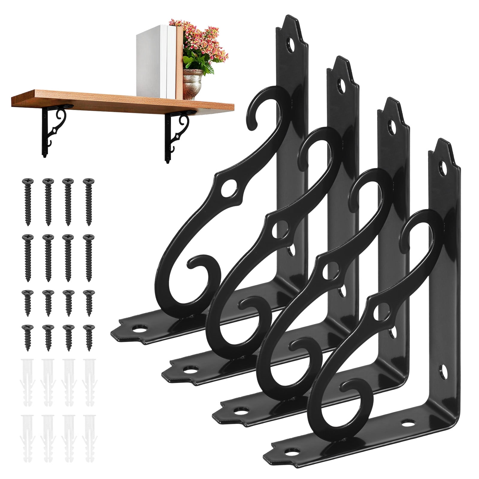 4-Pack Shelf Brackets, 5 Inch Long Iron Wall Mount Shelf Support Bracket for Home/Kitchen/DIY Decorative [Black]