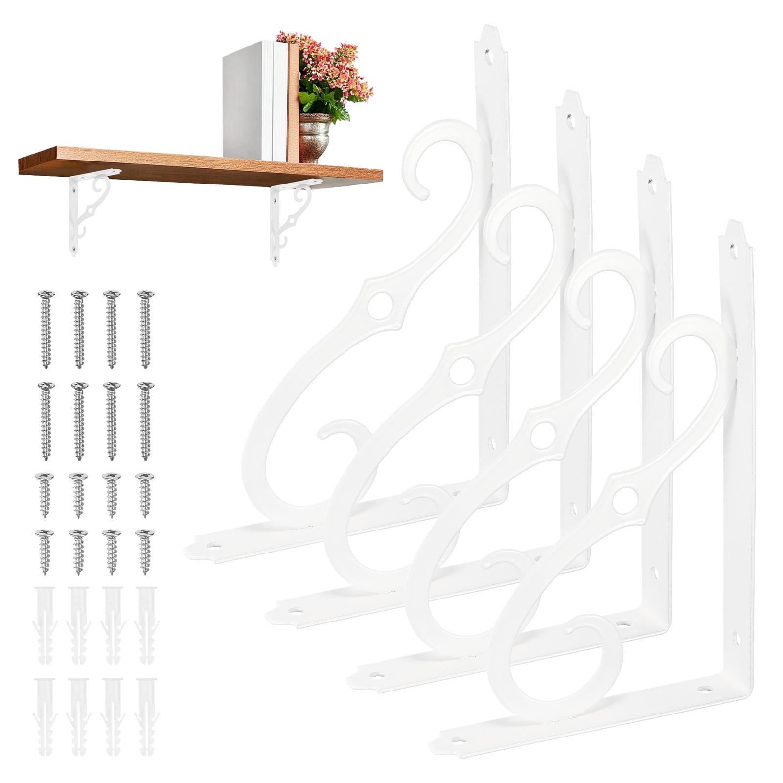 4-Pack Shelf Brackets, 8 Inch Long Iron Wall Mount Shelf Support Bracket for Home/Kitchen/DIY Decorative [White]