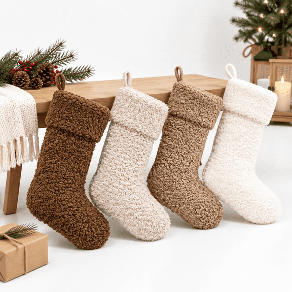 4-Pack Sherpa Christmas Stockings, 18 Inch, Assorted Neutral Colors
