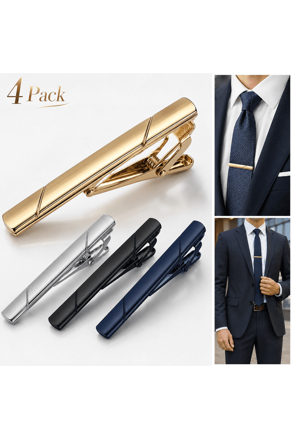 4 Pack Sherry Tie Clips for Men, Black Gold Blue Gray Silver Tie Bar Set for Regular Ties, Luxury Box Gift Ideas (Elegant Style) Size: 2.3'' x 0.23'