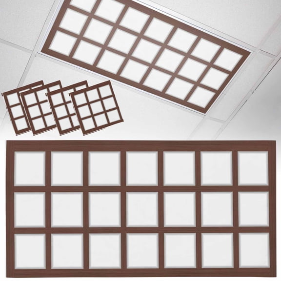 4 Pack Shoji Screen Fluorescent Light Covers for Ceiling Lights Japanese Style Dark Brown Wood Texture Magnetic Ceiling Light Covers Overhead Light Filters for Office Classroom Home