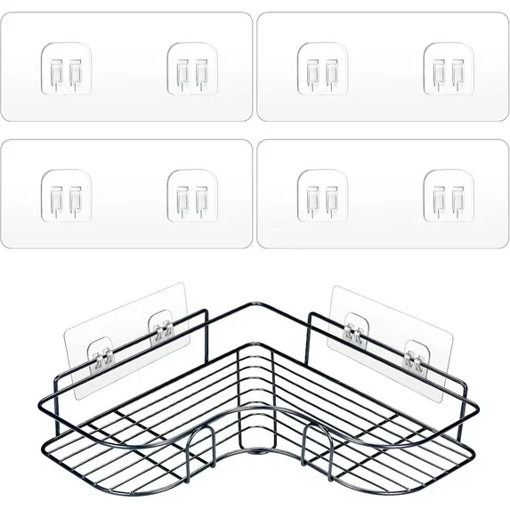 4 Pack Shower Caddy Adhesive Hooks Replacement, Strong Self-Adhesive Sticker No Drilling Waterproof Hanging Hooks for Bathroom Storage Shelves Kitchen Racks (Double Hook,Transparent)