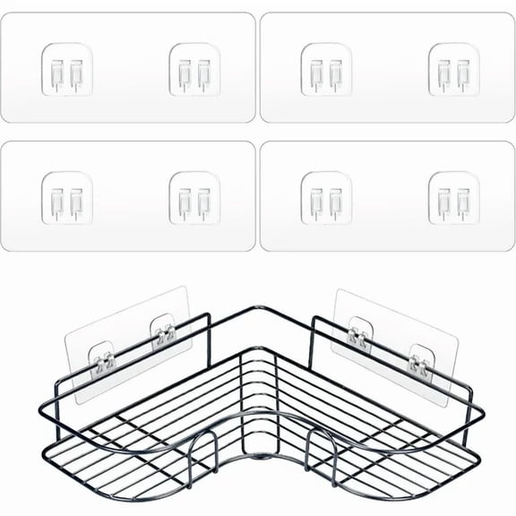 4 Pack Shower Caddy Adhesive Hooks Replacement, Strong Self-Adhesive Sticker No Drilling Waterproof Hanging Hooks for Bathroom Storage Shelves Kitchen Racks (Double Hook,Transparent)
