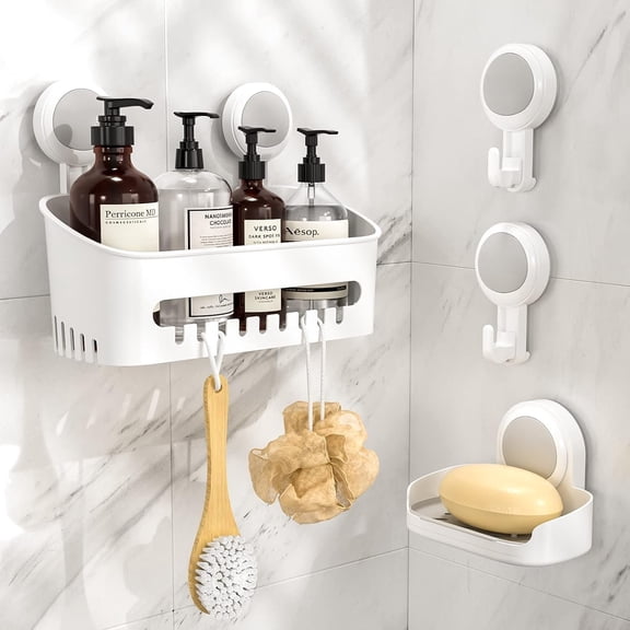 4 Pack Shower Set - Suction Cup Shower Shelf+Soap Dish+Hooks - 1 Sec Installation NO-Drill Removable Organizer for Bathroom/Kitchen/RV 22LBS Capacity Removable