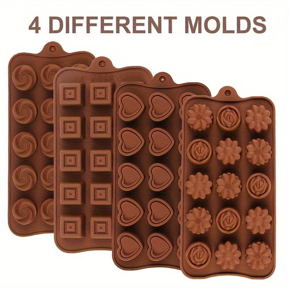4-Pack Silicone Chocolate Molds | 3D Heart, Flower, Square Iced Candy Molds, Jelly, Soft Candy, Truffle, Creative Cube Molds for Cakes | Reusable Kitchen Essential Baking Tools by AILEHOPY