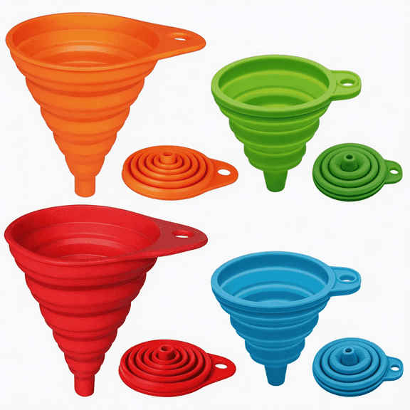 Collapsible Silicone Kitchen Funnel Set (4 Pack): BPA-Free Food Grade, Space-Saving Foldable Funnels for Water Bottles & Liquids, Dishwasher Safe