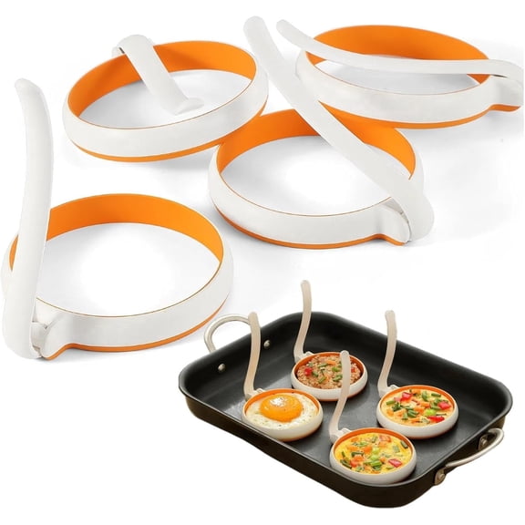 4-pack Silicone Egg Rings, Nonstick Round Egg Molds with Cool-Touch Handles, 4-inch Diameter, Leak-Resistant Griddle Cooker, Dishwasher Safe