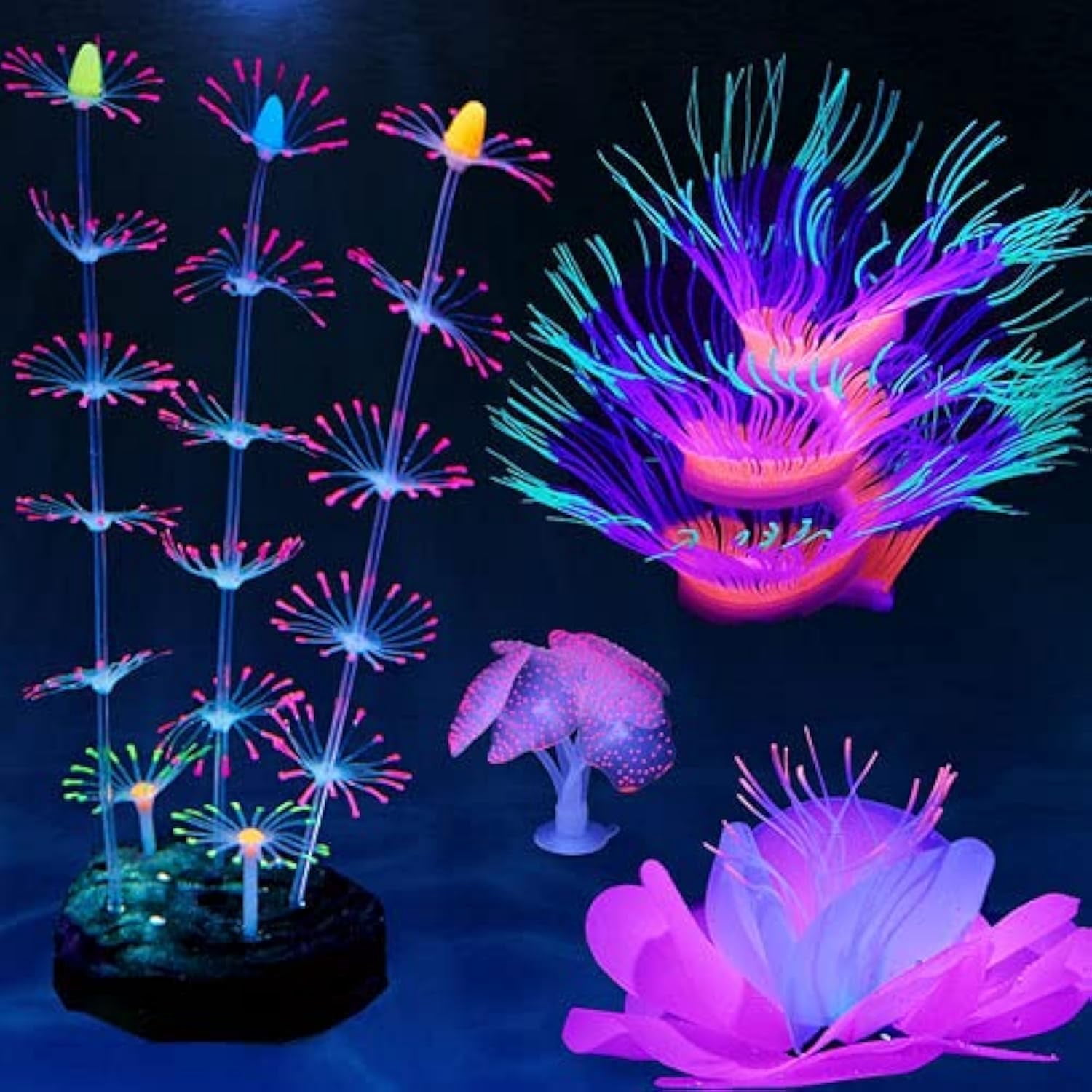 4 Pack Silicone Glowing Fish Tank Decorations Plants,Aquarium Fish Tank Glow Ornaments,Artificial Sea Anemone Coral Decor with Glowing Effect for Glow Fish Aquarium