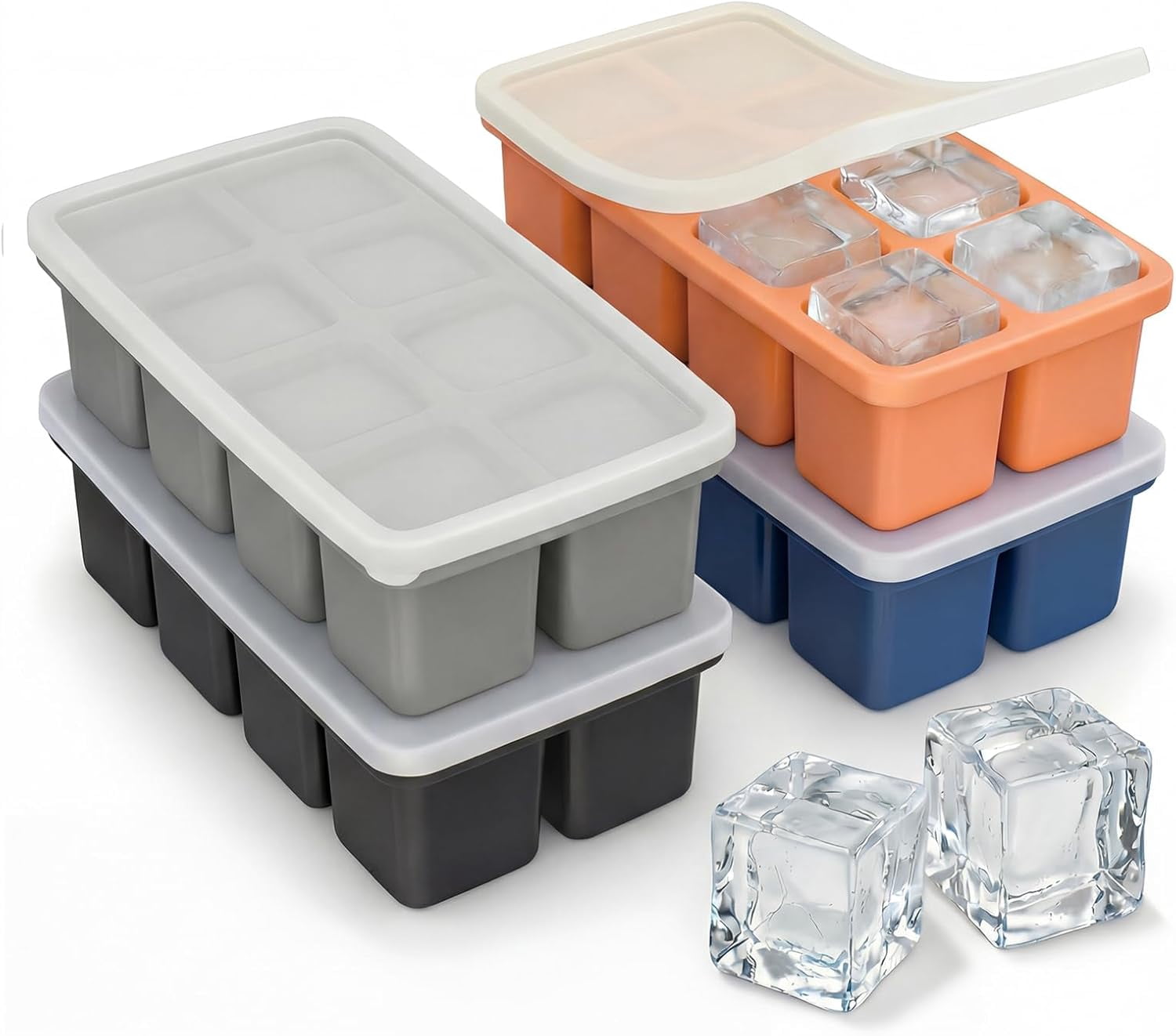 4 Pack Silicone Ice Cube Trays with Lid, 2 Inch Large Ice Cube Molds for Whiskey Cocktails, Easy Release Square Ice Tray for Freezer, Stackable Whiskey Ice Cubes Maker for Bourbon Old Fashioned