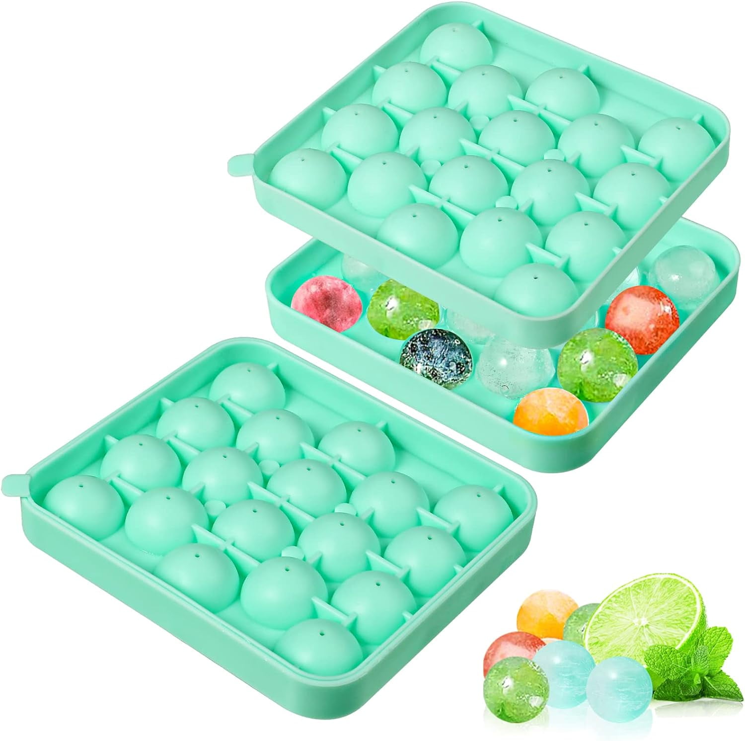 4-Pack Silicone Ice Cube Trays Set – Sphere (1.1"), Heart (10 & 8 Cavity), Star with Lid – BPA-Free, Easy Release – For Cocktails, Whiskey & Chocolate – Green/Pink/Red/Multicolor