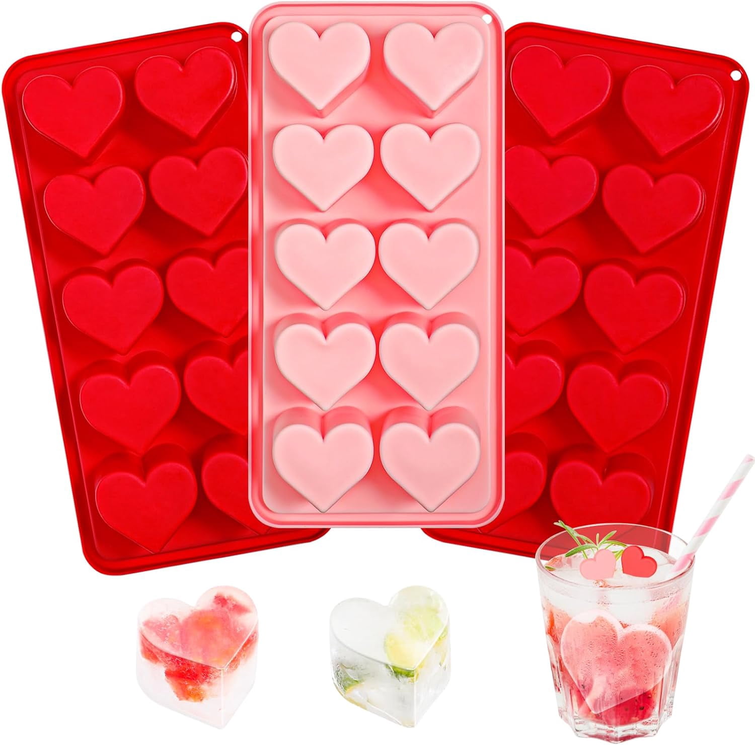 4-Pack Silicone Ice Cube Trays Set – Sphere (1.1"), Heart (10 & 8 Cavity), Star with Lid – BPA-Free, Easy Release – For Cocktails, Whiskey & Chocolate – Green/Pink/Red/Multicolor