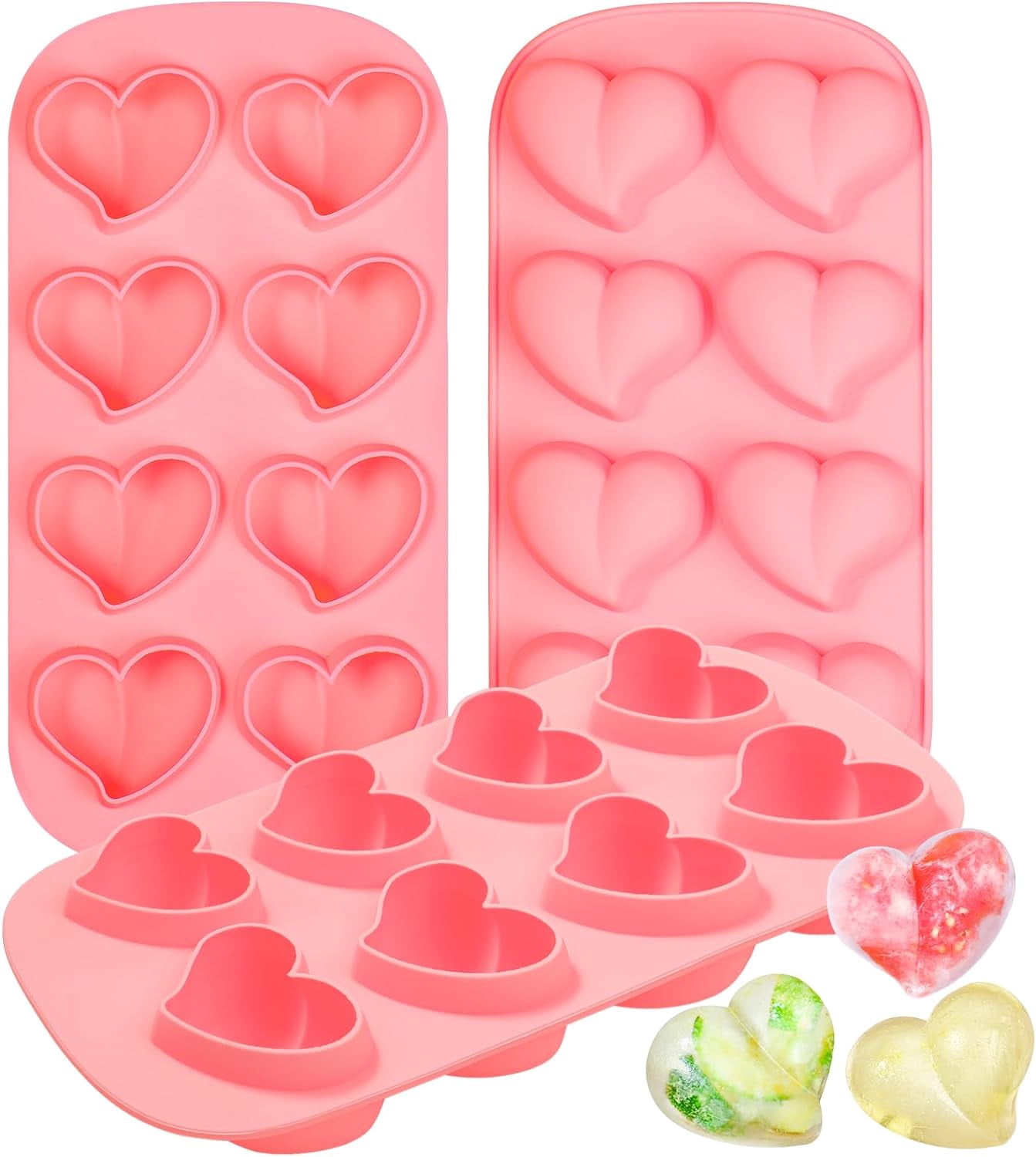 4-Pack Silicone Ice Cube Trays Set – Sphere (1.1"), Heart (10 & 8 Cavity), Star with Lid – BPA-Free, Easy Release – For Cocktails, Whiskey & Chocolate – Green/Pink/Red/Multicolor