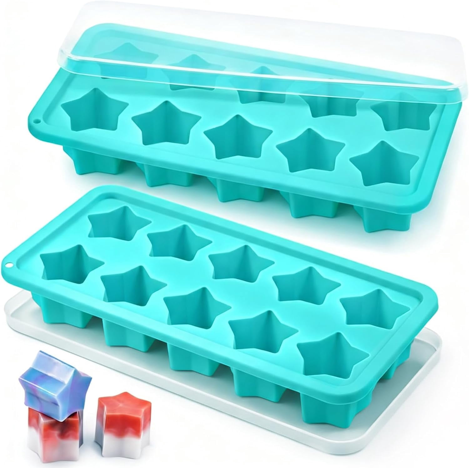 4-Pack Silicone Ice Cube Trays Set – Sphere (1.1"), Heart (10 & 8 Cavity), Star with Lid – BPA-Free, Easy Release – For Cocktails, Whiskey & Chocolate – Green/Pink/Red/Multicolor