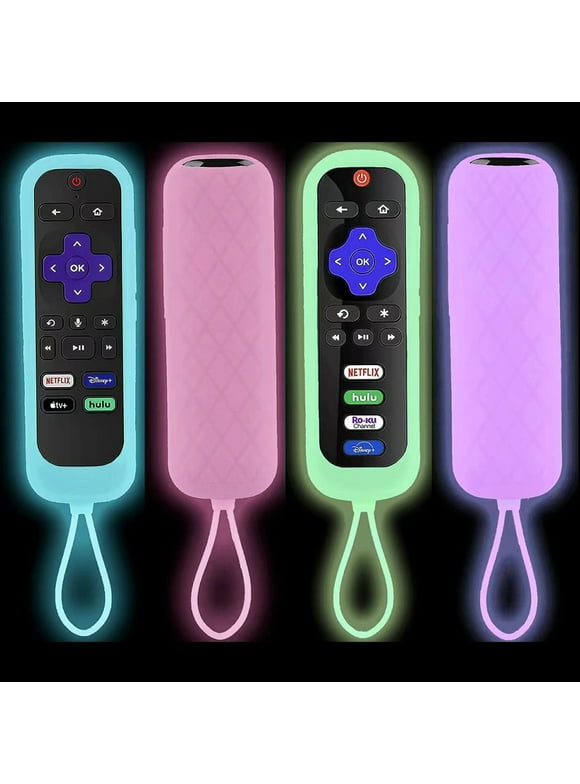 4 Pack Silicone Protective Case for TCL Roku TV Remote Replacement Silicone Case Cover Sleeve Skin Glow in The Dark with Lanyard for TCL Roku(Blue+Pink+Green+Purple)
