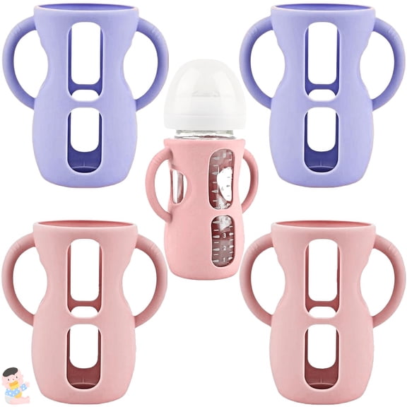 4 Pack Silicone Sleeves for Avent Natural Glass Baby Bottles, Silicone and Easy-Grip Handles for Drop Protection, Compatible with Philips Avent 4/8 OZ Glass Bottle (2 Pink+2 Purple, 8 OZ)