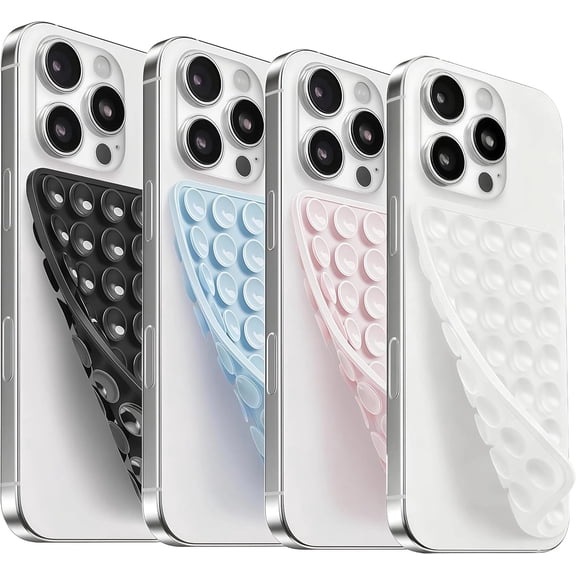4 Pack Silicone Suction Cup Phone Case Mount Double Sided, Sticky Phone Grip with Higher Suction Power for Cell Phone, Hands-Free Phone Accessories for Selfies and Videos, Pink & Blue & Black & Clear