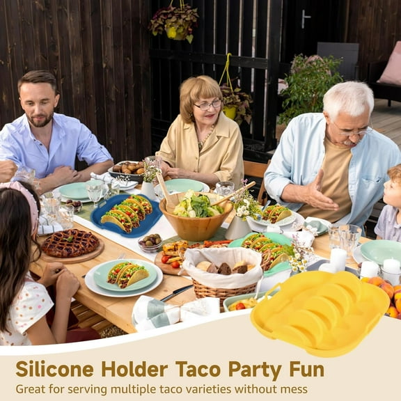 4 Pack Silicone Taco Holder Plates, 4 Slots Reusable Taco Tray with Handles, Large Serving Dish for Party & Family