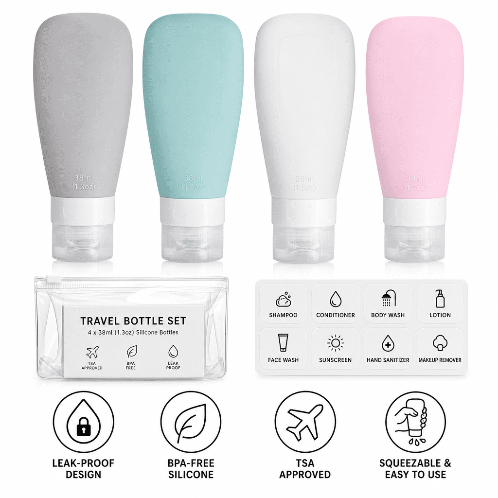 4-Pack Silicone Travel Bottles,1.3oz Leak-Proof Refillable Toiletry ...