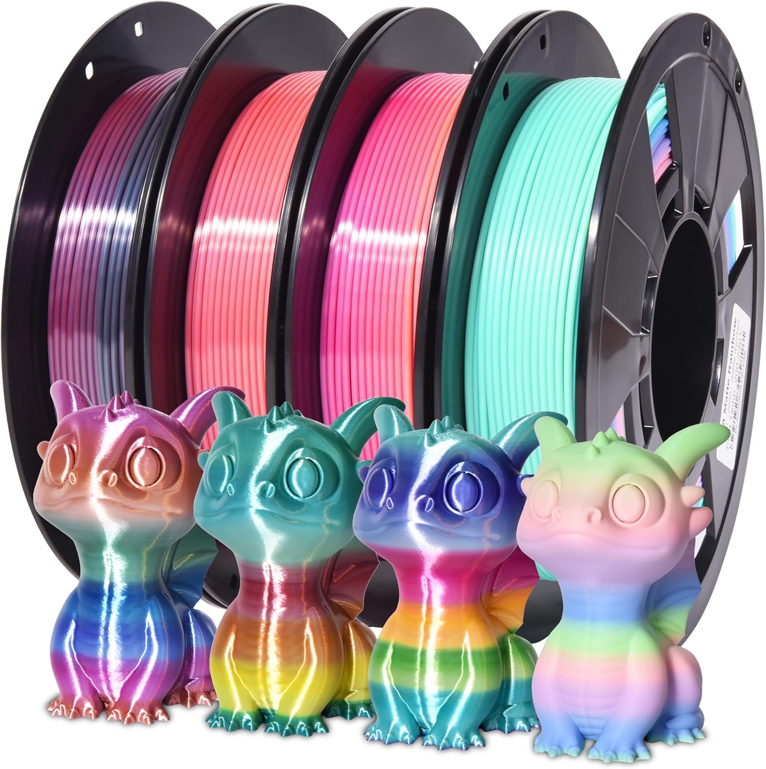 4-Pack Silk Matte Rainbow PLA Filament 1.75mm, Multicolor Fast Color Change 3D Printer Filament, Toughness Upgraded, 1.75mm 200g x 4 Spools (1.76 lbs)