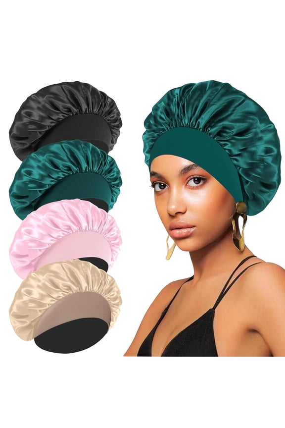 4 Pack Silk & Satin Bonnets for Women/Men , Extra Wide Band Hair Wrap Cap for Curly & Natural Hair , Sleeping & Shower Protection (Black/Peacock Blue/Pink/Khaki)