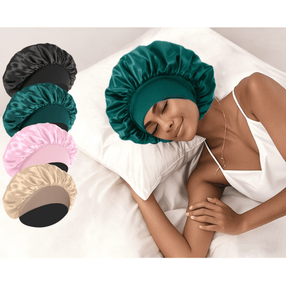 4 Pack Silk & Satin Bonnets for Women/Men , Extra Wide Band Hair Wrap Cap for Curly & Natural Hair , Sleeping & Shower Protection (Black/Peacock Blue/Pink/Khaki)