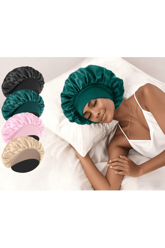 4 Pack Silk & Satin Bonnets for Women/Men , Extra Wide Band Hair Wrap Cap for Curly & Natural Hair , Sleeping & Shower Protection (Black/Peacock Blue/Pink/Khaki)