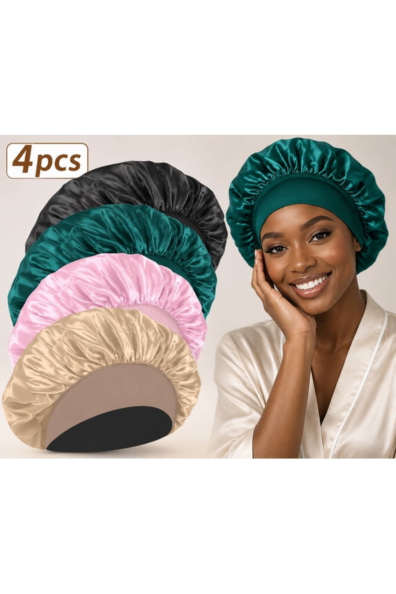 4 Pack Silk & Satin Bonnets for Women/Men , Extra Wide Band Hair Wrap Cap for Curly & Natural Hair , Sleeping & Shower Protection (Black/Peacock Blue/Pink/Khaki)