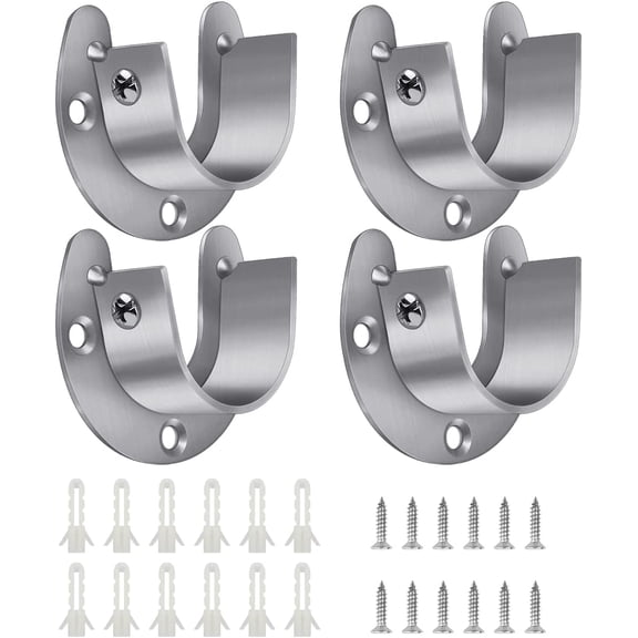 4 Pack Silver 1.25 Inch Stainless Steel Closet Rod Bracket U Shaped Flange Socket Support