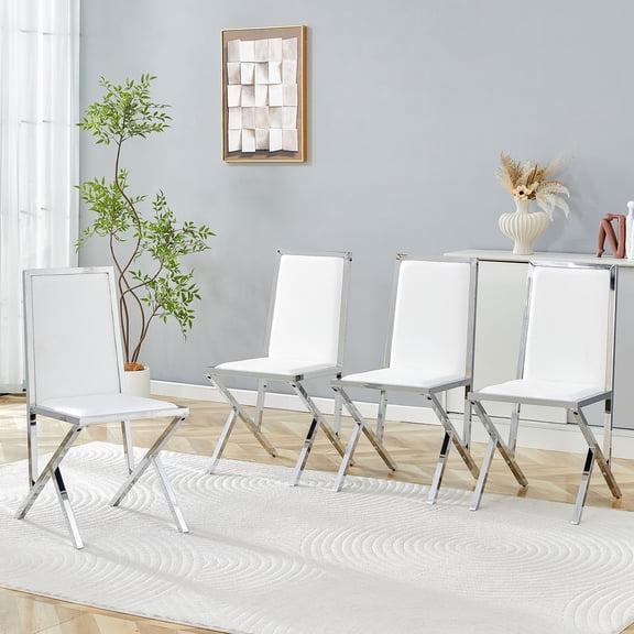 4-Pack Silver Metal Framed White PU Dining Chairs, Ergonomic Design, Simple and Luxurious Choice, Uniquely Designed Silver Metal Legs