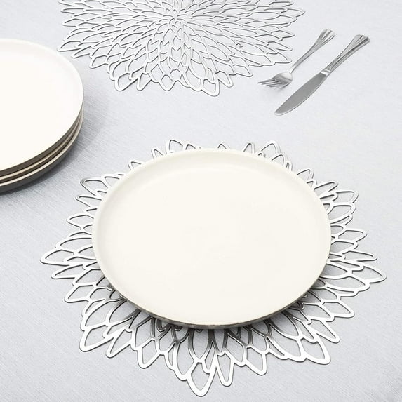 4-Pack Silver PVC Placemats ,Reversible Hollow out Design Table Chargers for Dining Table Settings (15inch)