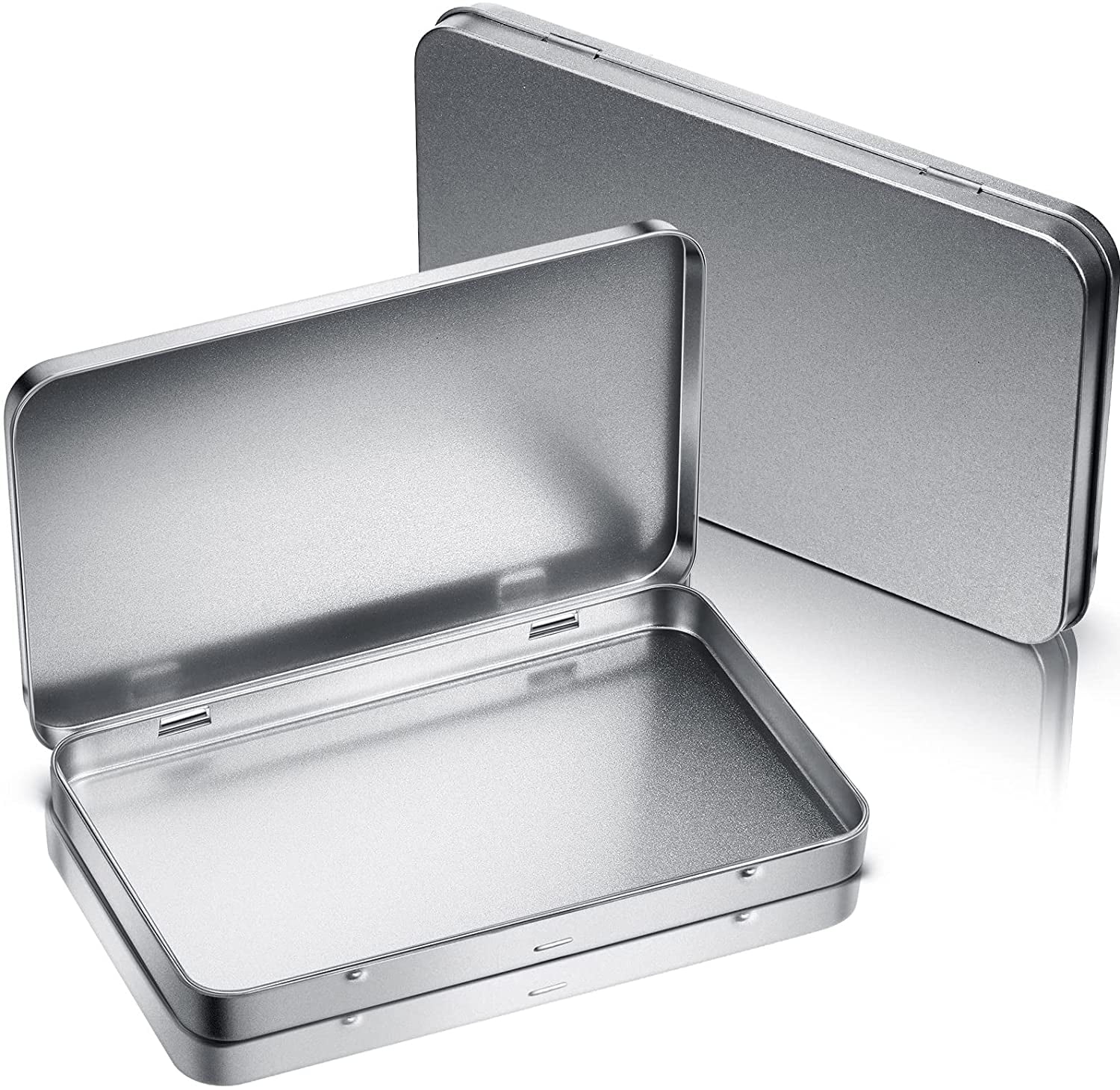 Plus Storage Containers 4 Pack Silver Rectangular Metal Tin Boxes with Hinged Lids, Durable ...